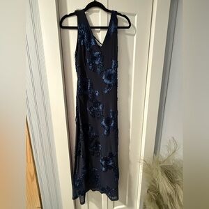 Elegant Navy Blue Embroidered Floral Dress